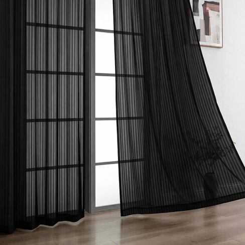 ستائر سوداء شفافة بطول 84 بوصة - ستائر شفافة مقلمة عموديًا للخصوصية، ستائر جيب ناعمة متجددة الهواء لغرفة المعيشة، لوحتان، كل منها 42 عرض × 84 طول بوصة in Kuwait