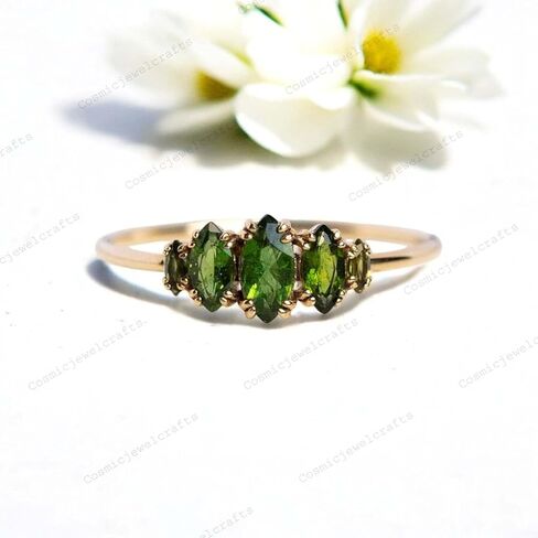 Vintage Green Tourmaline Engagement Ring 10K Yellow Gold Vermeil October Birthstone Stacking Promise Ring Handmade Gift for Her in Saudi Arabia