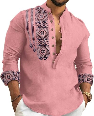 Mens Henley Shirts Casual T Shirt Long Sleeve Banded Collar Button Down Vintage Beach Tops in Kuwait