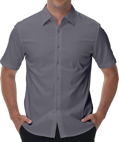 قمصان رجالية بأكمام قصيرة، خالية من التجاعيد، قابلة للتمدد، رسمية لحفلات الزفاف وحفلات التخرج، مقاس عادي، بأزرار سفلية in Kuwait