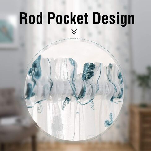 ستائر زرقاء شفافة بطول 84 بوصة، ستائر شفافة بجيب قضيب مطرز بالزهور لغرفة المعيشة، غرفة النوم، لوحتين، 52 بوصة × 84 بوصة، معالجة نوافذ فوال شبه مجعدة للفناء، الفناء، الفيلا، صالة الاستقبال. in Kuwait