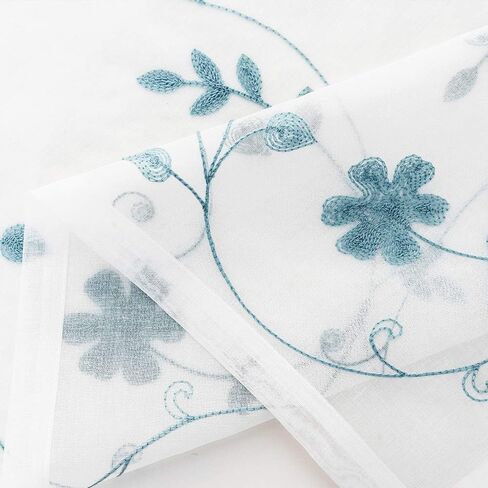 ستائر زرقاء شفافة بطول 84 بوصة، ستائر شفافة بجيب قضيب مطرز بالزهور لغرفة المعيشة، غرفة النوم، لوحتين، 52 بوصة × 84 بوصة، معالجة نوافذ فوال شبه مجعدة للفناء، الفناء، الفيلا، صالة الاستقبال. in Kuwait