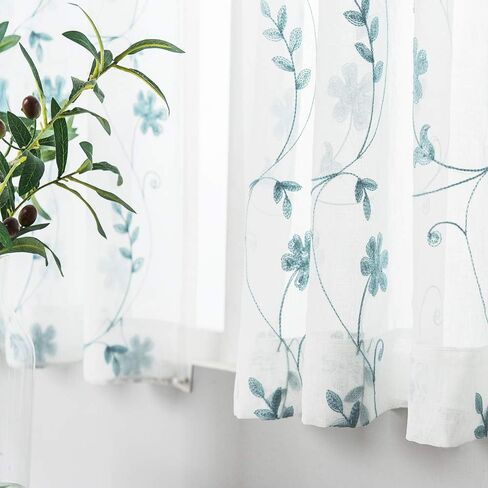 ستائر زرقاء شفافة بطول 84 بوصة، ستائر شفافة بجيب قضيب مطرز بالزهور لغرفة المعيشة، غرفة النوم، لوحتين، 52 بوصة × 84 بوصة، معالجة نوافذ فوال شبه مجعدة للفناء، الفناء، الفيلا، صالة الاستقبال. in Kuwait