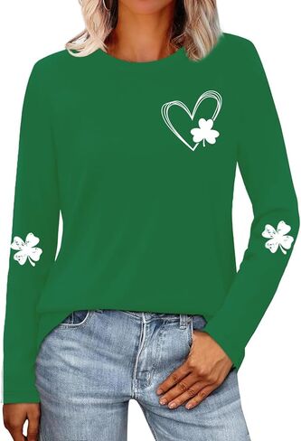 St Patricks Day Shirt for Women Lucky Shamrock T-Shirt Long Sleeve Irish Clover Heart Tee Top in Kuwait