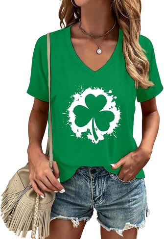 قمصان عيد القديس باتريك للنساء تيشيرتات Lucky Irish Clover برقبة على شكل حرف V، تيشيرتات شامروك in Saudi Arabia