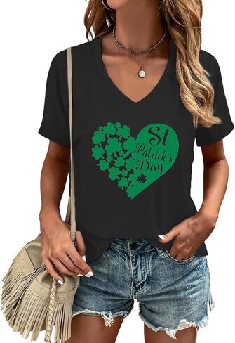 قمصان عيد القديس باتريك للنساء تيشيرتات Lucky Irish Clover برقبة على شكل حرف V، تيشيرتات شامروك in Kuwait