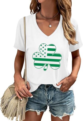 قمصان عيد القديس باتريك للنساء تيشيرتات Lucky Irish Clover برقبة على شكل حرف V، تيشيرتات شامروك in Kuwait