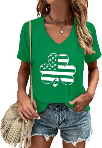 قمصان عيد القديس باتريك للنساء تيشيرتات Lucky Irish Clover برقبة على شكل حرف V، تيشيرتات شامروك in Kuwait