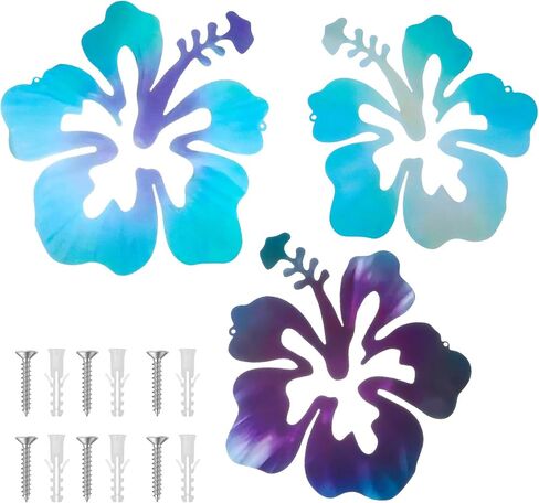 Caeuiciw 3 قطع هاواي المعدنية الكركديه جدار الفن ريفي الاستوائية زهرة الكركديه زهرة جدار ديكور خمر لوحة النباتات الاستوائية للمنزل مكتب الحمام (الأزرق الأرجواني، الأرجواني، الأزرق) in Kuwait