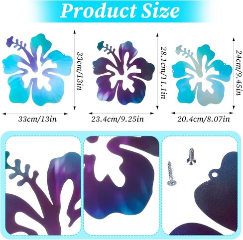 Caeuiciw 3 قطع هاواي المعدنية الكركديه جدار الفن ريفي الاستوائية زهرة الكركديه زهرة جدار ديكور خمر لوحة النباتات الاستوائية للمنزل مكتب الحمام (الأزرق الأرجواني، الأرجواني، الأزرق) in Kuwait
