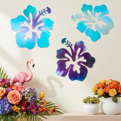 Caeuiciw 3 قطع هاواي المعدنية الكركديه جدار الفن ريفي الاستوائية زهرة الكركديه زهرة جدار ديكور خمر لوحة النباتات الاستوائية للمنزل مكتب الحمام (الأزرق الأرجواني، الأرجواني، الأزرق) in Kuwait