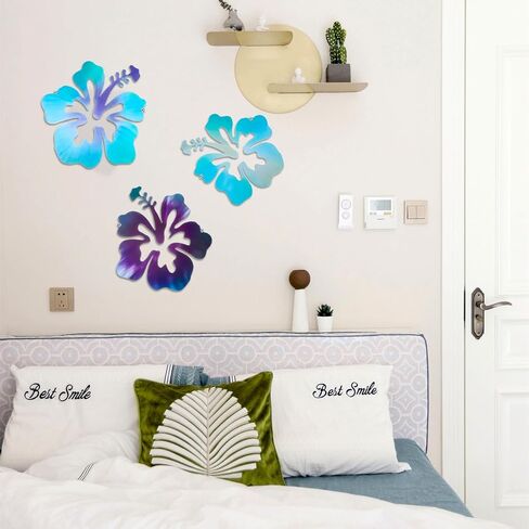 Caeuiciw 3 قطع هاواي المعدنية الكركديه جدار الفن ريفي الاستوائية زهرة الكركديه زهرة جدار ديكور خمر لوحة النباتات الاستوائية للمنزل مكتب الحمام (الأزرق الأرجواني، الأرجواني، الأزرق) in Kuwait