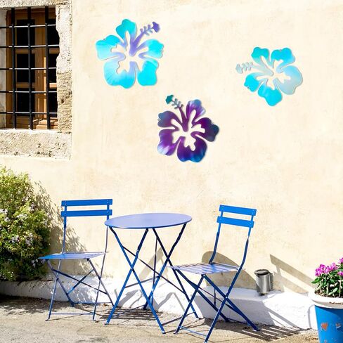 Caeuiciw 3 قطع هاواي المعدنية الكركديه جدار الفن ريفي الاستوائية زهرة الكركديه زهرة جدار ديكور خمر لوحة النباتات الاستوائية للمنزل مكتب الحمام (الأزرق الأرجواني، الأرجواني، الأزرق) in Kuwait