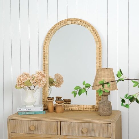 مرآة حائط من الروطان المقوس - أناقة بوهو مقاس 24 × 36 بوصة مع إطار منسوج وزخرفة خرز خشبية، مرآة زخرفية لغرفة المعيشة في مدخل الحمام in Kuwait