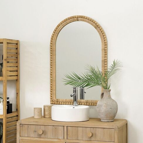 مرآة حائط من الروطان المقوس - أناقة بوهو مقاس 24 × 36 بوصة مع إطار منسوج وزخرفة خرز خشبية، مرآة زخرفية لغرفة المعيشة في مدخل الحمام in Kuwait