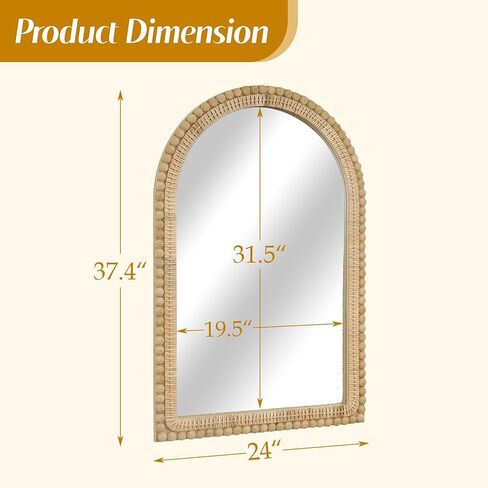 مرآة حائط من الروطان المقوس - أناقة بوهو مقاس 24 × 36 بوصة مع إطار منسوج وزخرفة خرز خشبية، مرآة زخرفية لغرفة المعيشة في مدخل الحمام in Kuwait