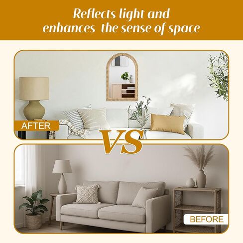 مرآة حائط من الروطان المقوس - أناقة بوهو مقاس 24 × 36 بوصة مع إطار منسوج وزخرفة خرز خشبية، مرآة زخرفية لغرفة المعيشة في مدخل الحمام in Kuwait