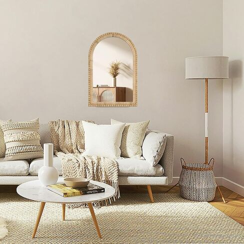 مرآة حائط من الروطان المقوس - أناقة بوهو مقاس 24 × 36 بوصة مع إطار منسوج وزخرفة خرز خشبية، مرآة زخرفية لغرفة المعيشة في مدخل الحمام in Kuwait