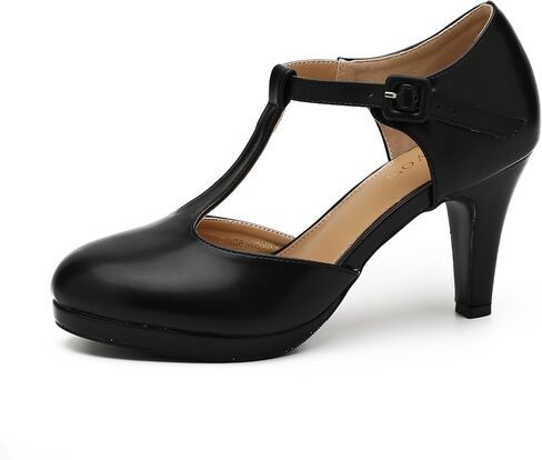Heiyom Women's Pumps Close Toe Kitten Heels Retro T Strap Mary Jane Comfortable Office Work Dress Shoes Black Matte Pu-42US 9 in Kuwait