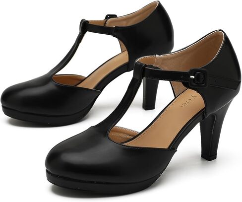 Heiyom Women's Pumps Close Toe Kitten Heels Retro T Strap Mary Jane Comfortable Office Work Dress Shoes Black Matte Pu-42US 9 in Kuwait