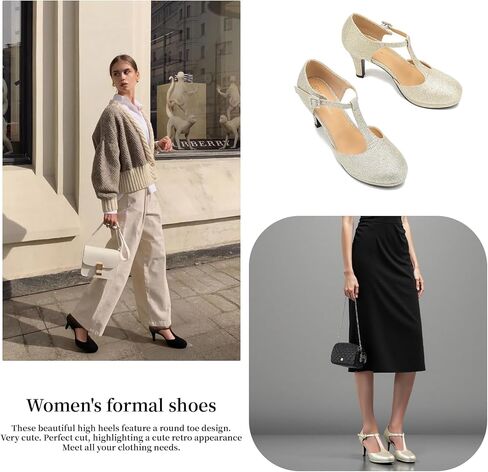 Heiyom Women's Pumps Close Toe Kitten Heels Retro T Strap Mary Jane Comfortable Office Work Dress Shoes Black Matte Pu-42US 9 in Kuwait