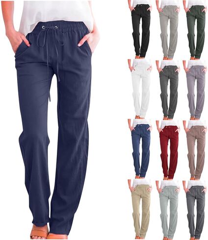 Cotton Linen Pants Women - Casual Summer Resort Wear 2026 High Waisted Straight Leg Drawstring Long Pant Trousers in Kuwait