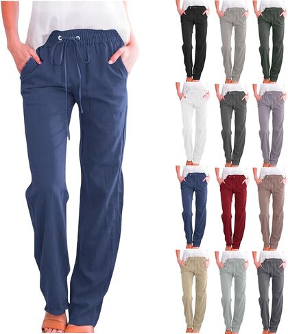 Cotton Linen Pants Women - Casual Summer Resort Wear 2026 High Waisted Straight Leg Drawstring Long Pant Trousers in Saudi Arabia