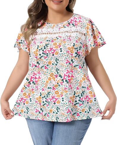 Agnes Orinda Women's Plus Size Top Crew Neck Short Sleeve Front Lace Hollow Blouse Floral Summer Shirt Tops Vacation in Saudi Arabia