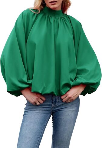 Womens Mock Neck Pleated Blouse Open Back Bow Tie Long Puff Sleeve Loose Fit Casual Shirt Cute Tops Fall in Kuwait