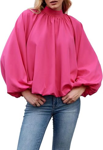 Womens Mock Neck Pleated Blouse Open Back Bow Tie Long Puff Sleeve Loose Fit Casual Shirt Cute Tops Fall in Saudi Arabia