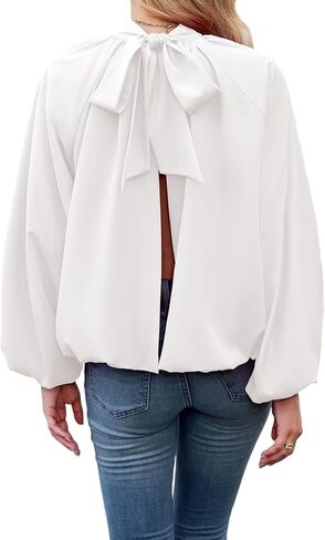 Womens Mock Neck Pleated Blouse Open Back Bow Tie Long Puff Sleeve Loose Fit Casual Shirt Cute Tops Fall in Saudi Arabia