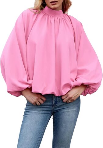 Womens Mock Neck Pleated Blouse Open Back Bow Tie Long Puff Sleeve Loose Fit Casual Shirt Cute Tops Fall in Saudi Arabia