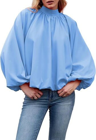 Womens Mock Neck Pleated Blouse Open Back Bow Tie Long Puff Sleeve Loose Fit Casual Shirt Cute Tops Fall in Saudi Arabia