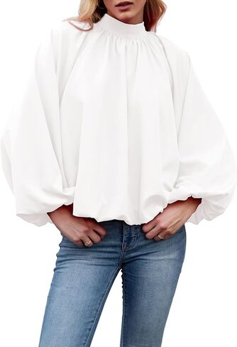 Womens Mock Neck Pleated Blouse Open Back Bow Tie Long Puff Sleeve Loose Fit Casual Shirt Cute Tops Fall in Saudi Arabia