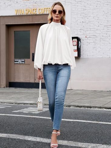 Womens Mock Neck Pleated Blouse Open Back Bow Tie Long Puff Sleeve Loose Fit Casual Shirt Cute Tops Fall in Saudi Arabia