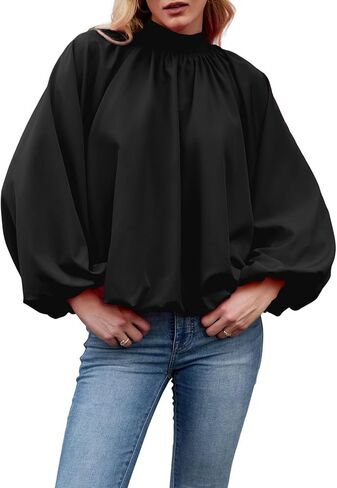Womens Mock Neck Pleated Blouse Open Back Bow Tie Long Puff Sleeve Loose Fit Casual Shirt Cute Tops Fall in Saudi Arabia