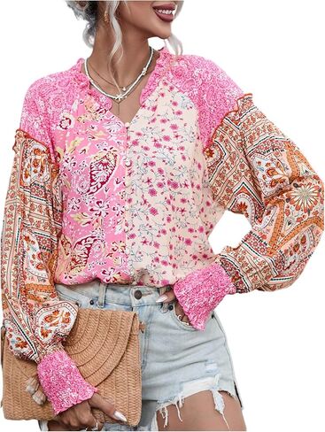 WDIRARA Women's Boho Floral Print Smocked Long Lantern Sleeve Blouse Frill Trim V Neck Tops Shirts in Saudi Arabia
