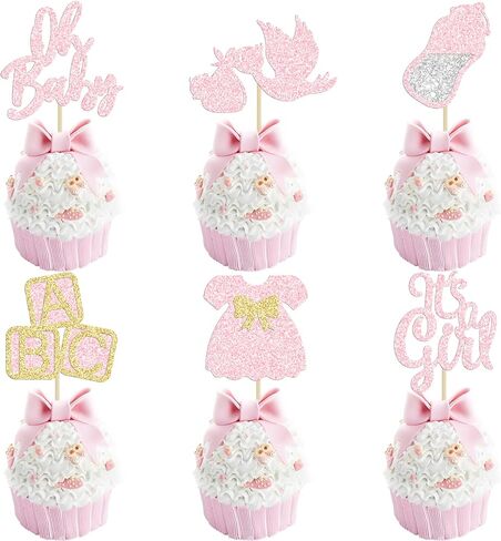 24Pcs Baby Shower Oh Baby Cupcake Toppers Rose Gold Glitter Bow Dress Bottle Swan It's a Girl Cake Picks Decorations for Baby Shower Gender Reveal Girls Birthday Party Supplies in Kuwait