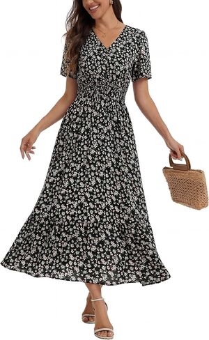 2026 Women's Floral Maxi Dresses Casual Summer V Neck Button Front A Line Boho Dress Short Sleeve Ruffle Beach Party Outfits in Saudi Arabia