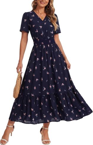 2026 Women's Floral Maxi Dresses Casual Summer V Neck Button Front A Line Boho Dress Short Sleeve Ruffle Beach Party Outfits in Saudi Arabia