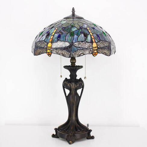 Tiffany Lamp(2 Lights) Stained Glass Table Lamp Bedside Desk Reading Light 16X16X24 Inch Decor Bedroom Living Room Home Office (Green Red Dragonfly) in Kuwait