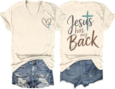 Christian Shirts for Women Jesus Has My Back V Neck Inspirational T-Shirt Religious Faith Bible Verse Tee in Saudi Arabia