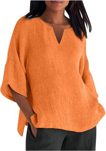 Shirts for Women Trendy 3/4 Sleeve Loose Fit Solid Tops Casual Cotton Linen Blouses Plian Solid Blouses Clothes in Kuwait