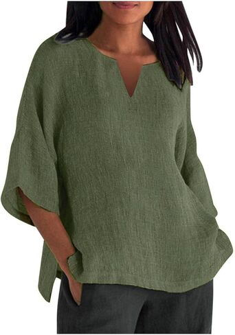Shirts for Women Trendy 3/4 Sleeve Loose Fit Solid Tops Casual Cotton Linen Blouses Plian Solid Blouses Clothes in Saudi Arabia