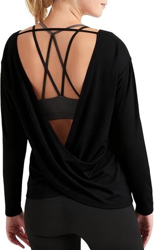 Open Back Long Sleeve Workout Top for Women Cropped Backless Yoga Gym Shirt Activewear Clothes in Saudi Arabia