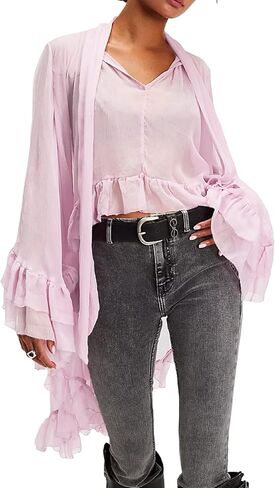 Women's Sheer Chiffon Long Sleeve Top Ruffle Blouse Flowy Lantern Sleeve Sexy See Through Tunic Frill Shirts in Saudi Arabia
