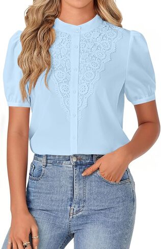 Rooscier Women's Lace Mock Neck Puff Sleeve Button Down Elegant Blouse Shirt Top in Saudi Arabia