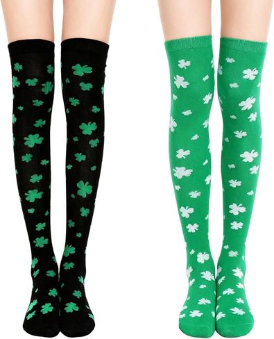 2 Pairs St. Patrick's Day Knee Thigh High Socks for Women Green White Black Irish Over the Knee High Socks in Kuwait