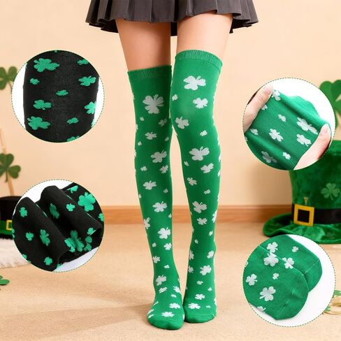 2 Pairs St. Patrick's Day Knee Thigh High Socks for Women Green White Black Irish Over the Knee High Socks in Kuwait