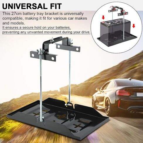 طقم صينية تثبيت البطارية، حامل بطارية تخزين عالمي، مشبك معدني قابل للتعديل ومقاوم للتآكل للسيارات والقوارب البحرية (الحجم: مسمار 27 سم مع صينية 34.5 سم) in Kuwait